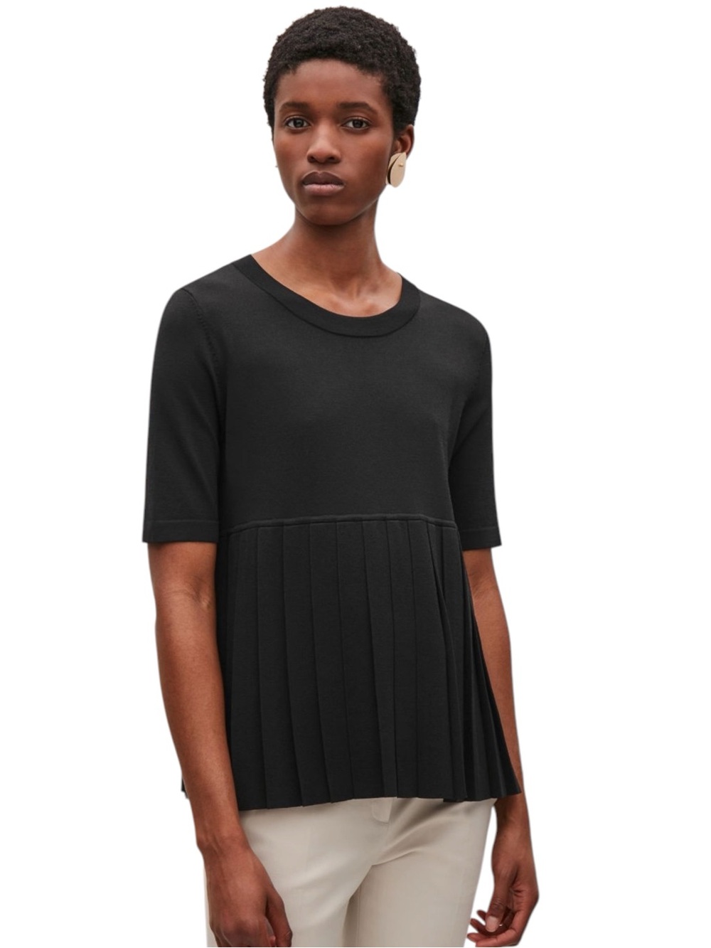 COS Black Pleated Hem Short Sleeve Top (XS/S)